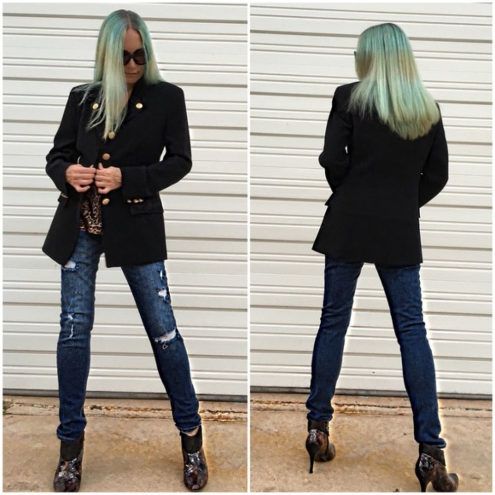 Black Military Style Embroidered Velvet Lapel Jacket